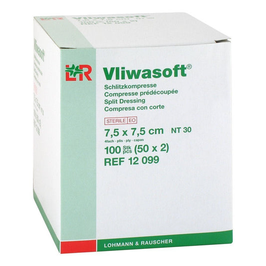 Das Produktfoto zeigt Vliwasoft Schlitzkompressen 7,5x7,5 Cm Steril 4l. (50X2 stk) PZN 06868768