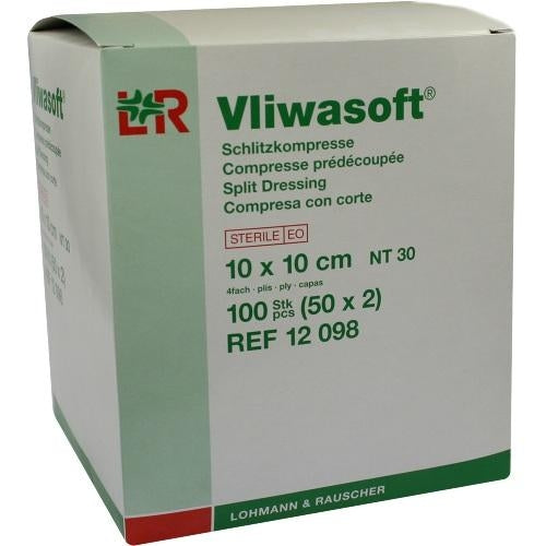 Das Produktfoto zeigt Vliwasoft Schlitzkompressen 10x10 Cm Steril 4lagig (50X2 stk) PZN 06868774