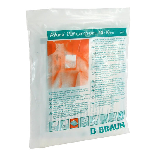 Das Produktfoto zeigt Askina Mullkompressen 10x10 Cm Steril (5X2 stk) PZN 06874444