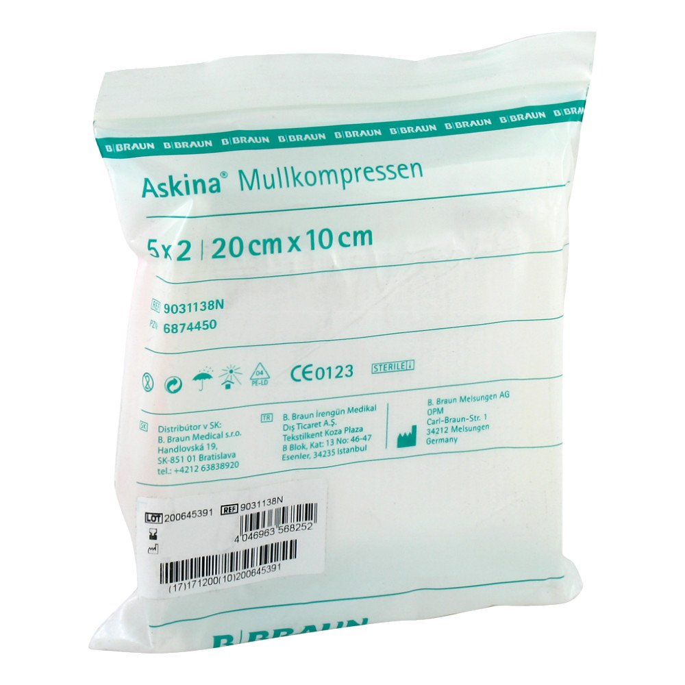 Das Produktfoto zeigt Askina Mullkompressen 10x20 Cm Steril (5X2 stk) PZN 06874450