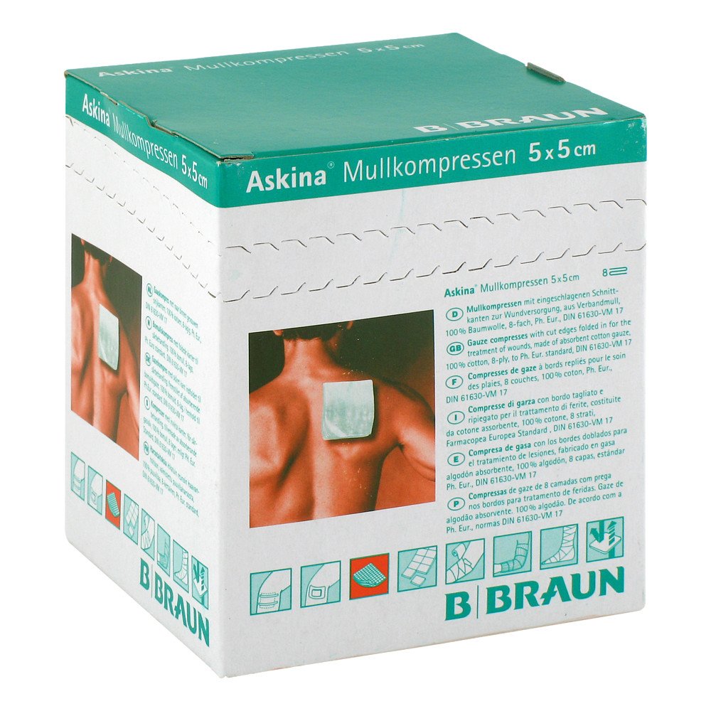 Das Produktfoto zeigt Askina Mullkompressen 5x5 Cm Steril 8fach (25X2 stk) PZN 06874467