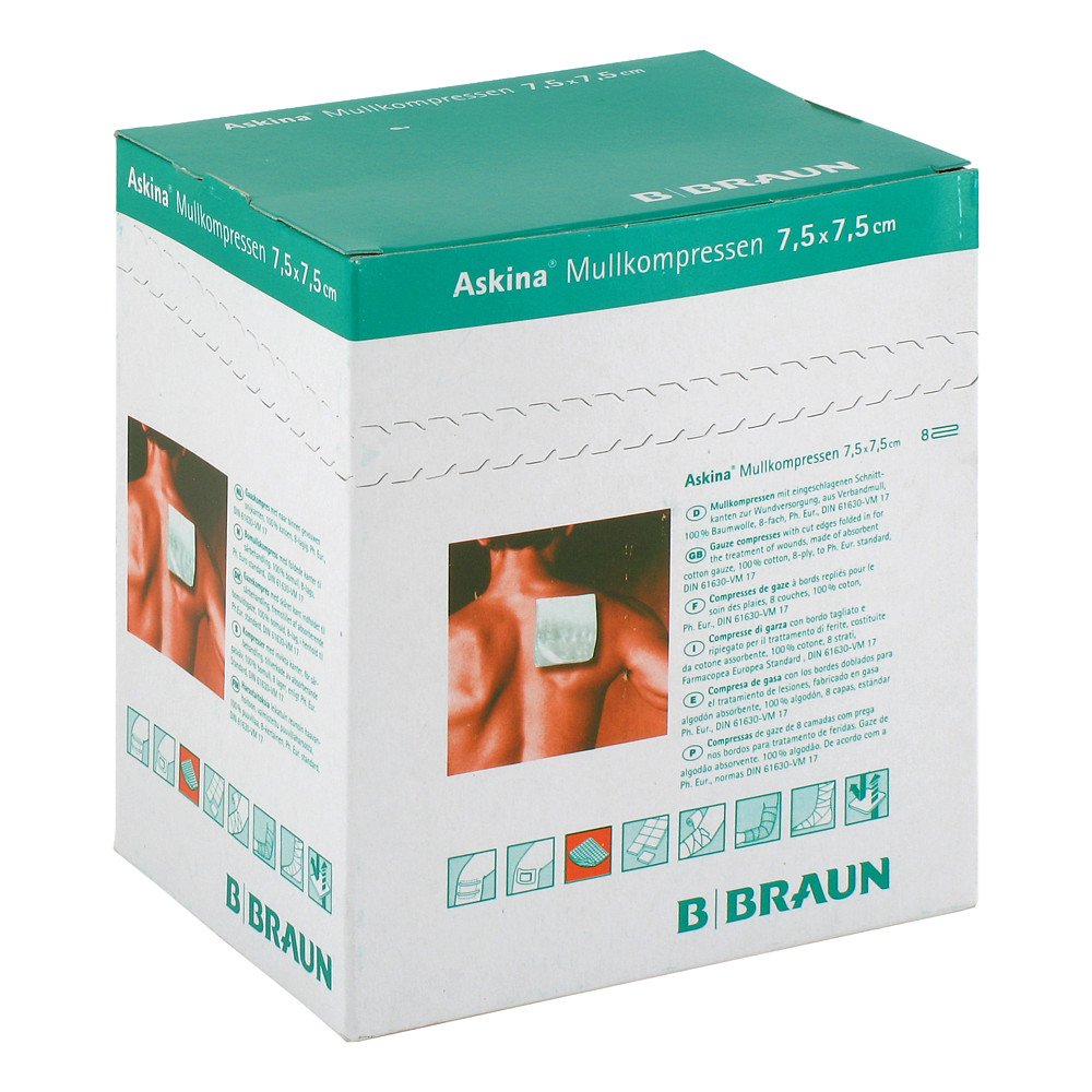 Das Produktfoto zeigt Askina Mullkompressen 7,5x7,5 Cm Steril (25X2 stk) PZN 06874473