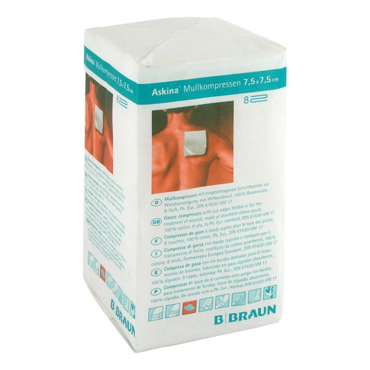 Das Produktfoto zeigt Askina Mullkompressen 7,5x7,5 Cm Unsteril 8fach (100 stk) PZN 06874527