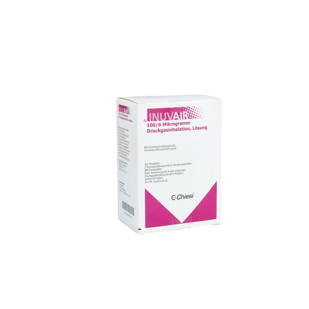Das Produktfoto zeigt Inuvair 100/6 Μg 120 Hub Druckgasinhalat (2 stk) PZN 06876147