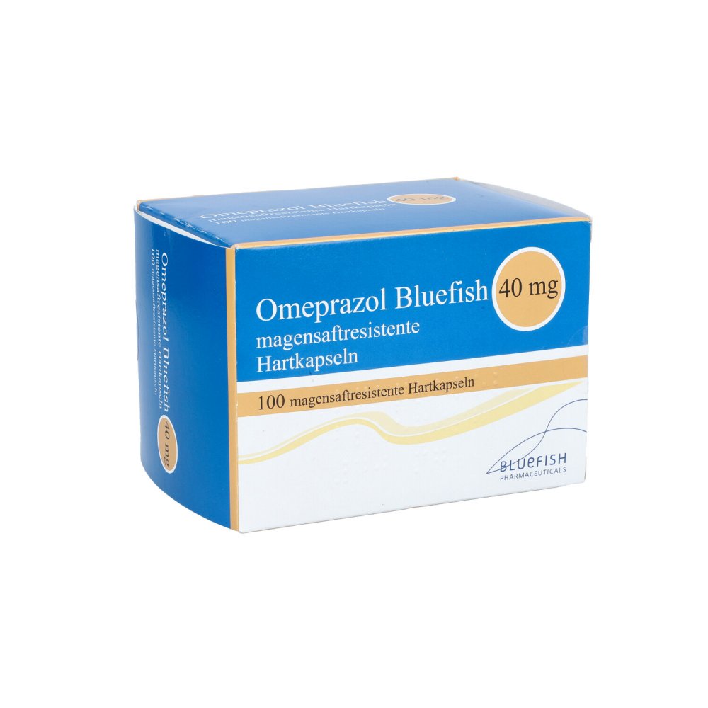 Das Produktfoto zeigt Omeprazol Bluefish 40 Mg Magensaftres.Kapseln (100 stk) PZN 06881036
