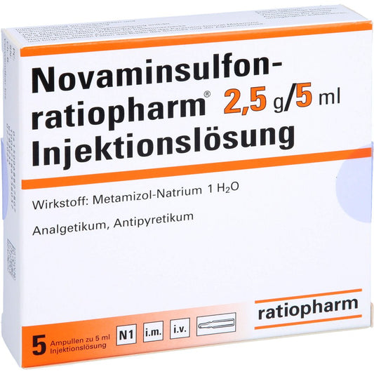 Das Produktfoto zeigt Novaminsulfon-Ratiopharm 2,5 G/5 Ml Inj.-Lsg.Amp. (5 stk) PZN 06882780