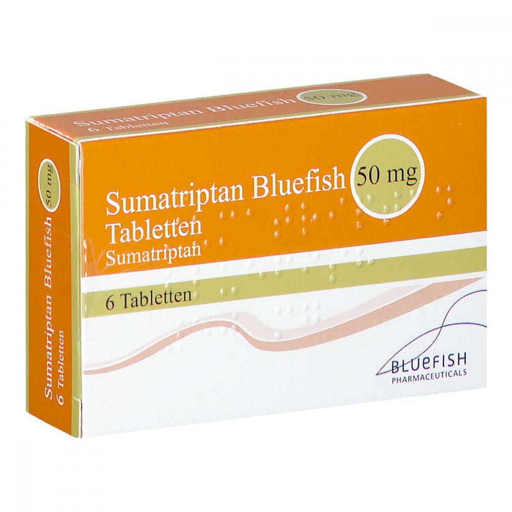 Das Produktfoto zeigt Sumatriptan Bluefish 50 Mg Tabletten (6 stk) PZN 06883213
