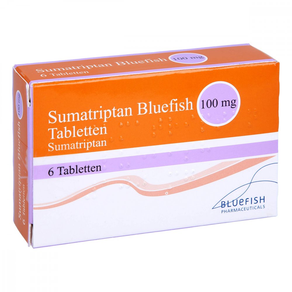 Das Produktfoto zeigt Sumatriptan Bluefish 100 Mg Tabletten (6 stk) PZN 06883271