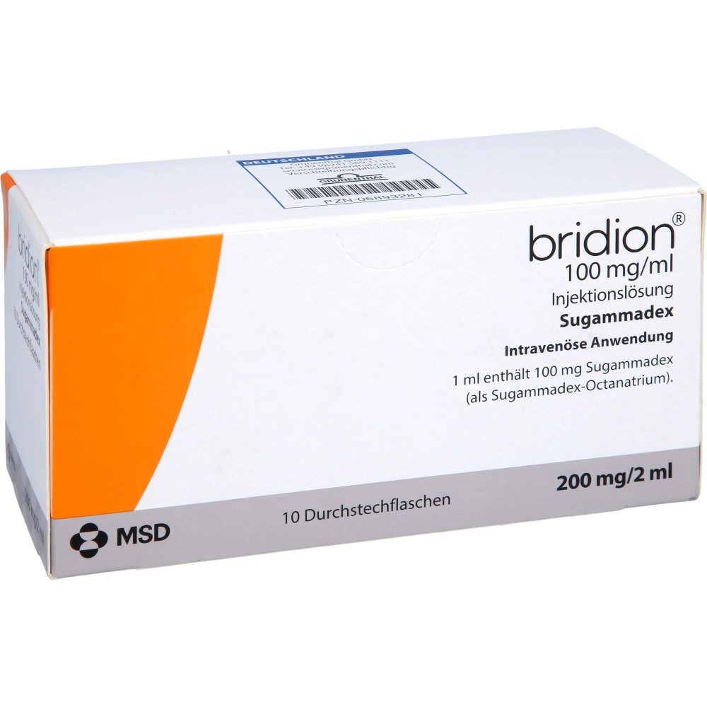 Das Produktfoto zeigt Bridion 100 Mg/Ml Injektionslösung (10X2 ml) PZN 06893281