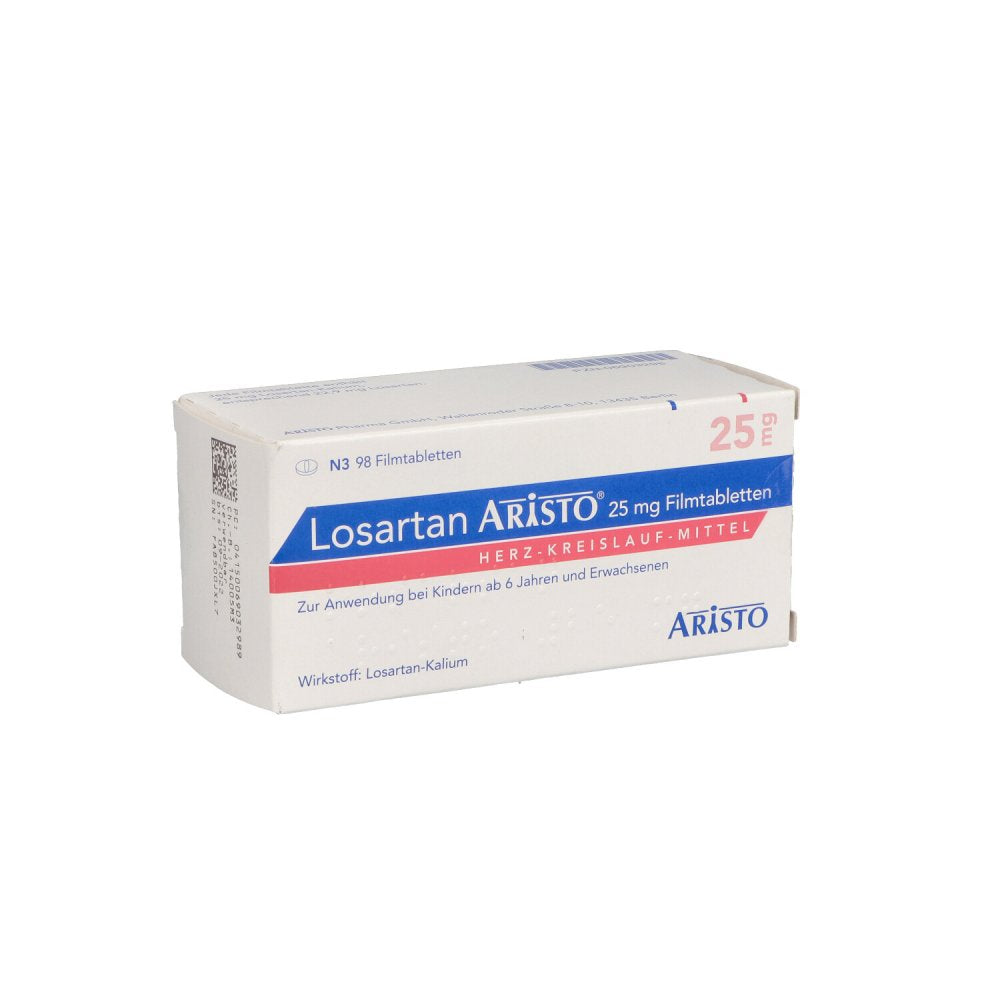 Das Produktfoto zeigt Losartan Aristo 25 Mg Filmtabletten (98 stk) PZN 06903298