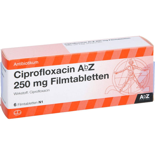 Das Produktfoto zeigt Ciprofloxacin Abz 250 Mg Filmtabletten (6 stk) PZN 06907698