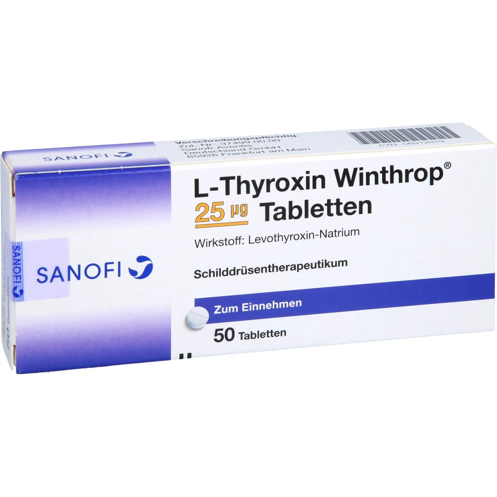 Das Produktfoto zeigt L-Thyroxin Winthrop 25 Μg Tabletten (50 stk) PZN 06912819