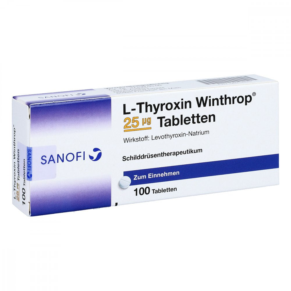 Das Produktfoto zeigt L-Thyroxin Winthrop 25 Μg Tabletten (100 stk) PZN 06912825