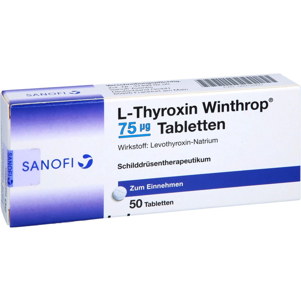 Das Produktfoto zeigt L-Thyroxin Winthrop 75 Μg Tabletten (50 stk) PZN 06912860