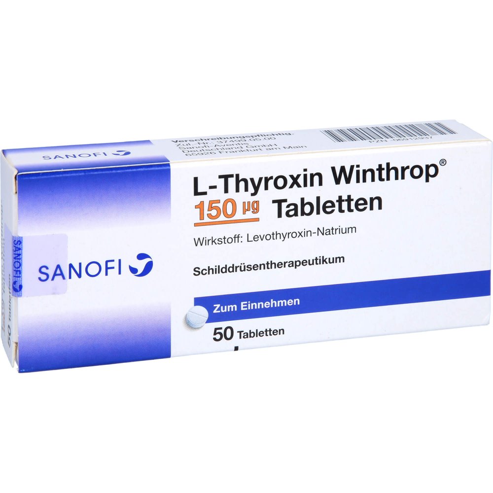 Das Produktfoto zeigt L-Thyroxin Winthrop 150 Μg Tabletten (50 stk) PZN 06912937