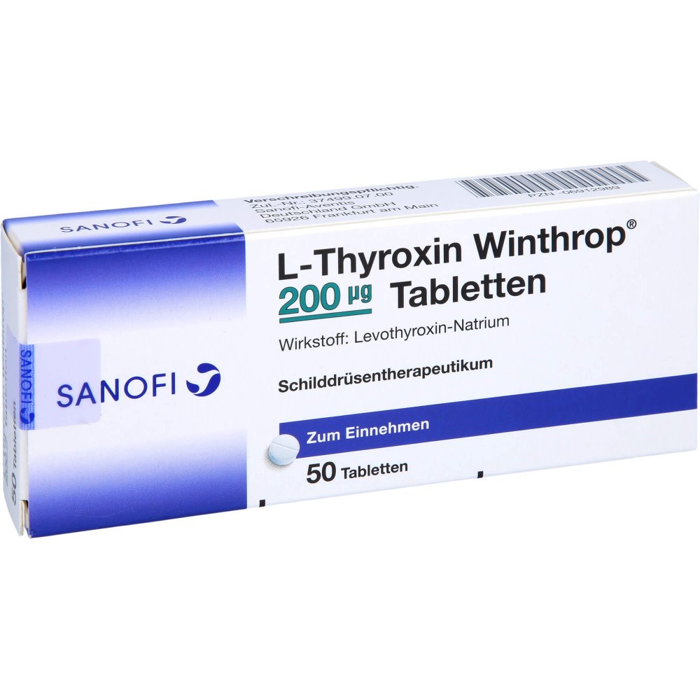 Das Produktfoto zeigt L-Thyroxin Winthrop 200 Μg Tabletten (50 stk) PZN 06912989
