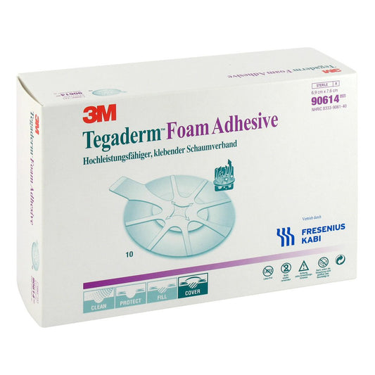 Das Produktfoto zeigt Tegaderm Foam Adhesive Fk 6,9x7,6 Cm Oval 90614 (10 stk) PZN 06917219