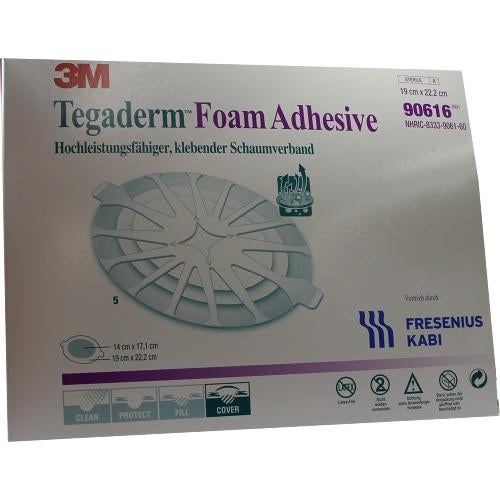 Das Produktfoto zeigt Tegaderm Foam Adhesive Fk 19x22,2 Cm Oval 90616 (5 stk) PZN 06917314