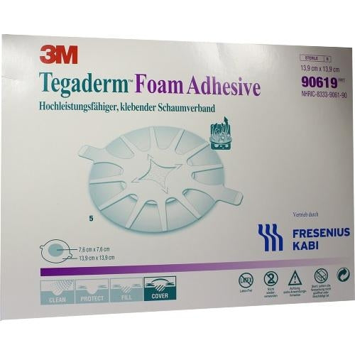 Das Produktfoto zeigt Tegaderm Foam Adhesive Fk 13,9 Cm Rund 90619 (5 stk) PZN 06917343