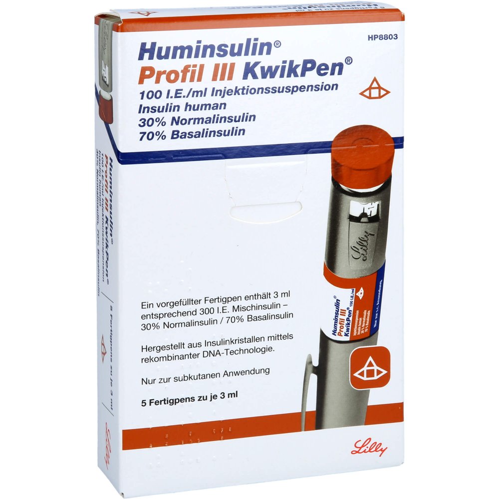Das Produktfoto zeigt Huminsulin Profil Iii Kwikpen Injektionssuspension (5 stk) PZN 06922137