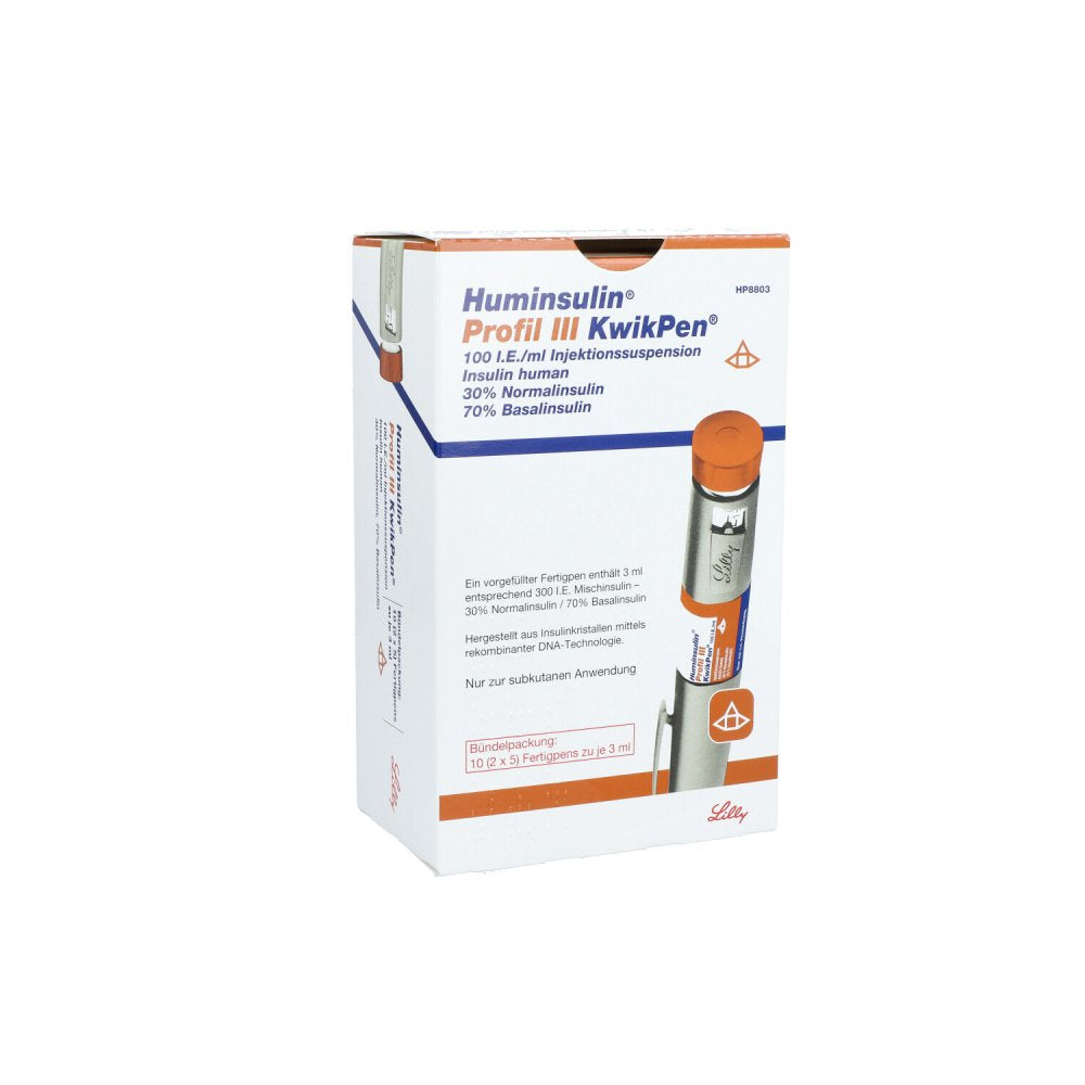 Das Produktfoto zeigt Huminsulin Profil Iii Kwikpen Injektionssuspension (10 stk) PZN 06922143