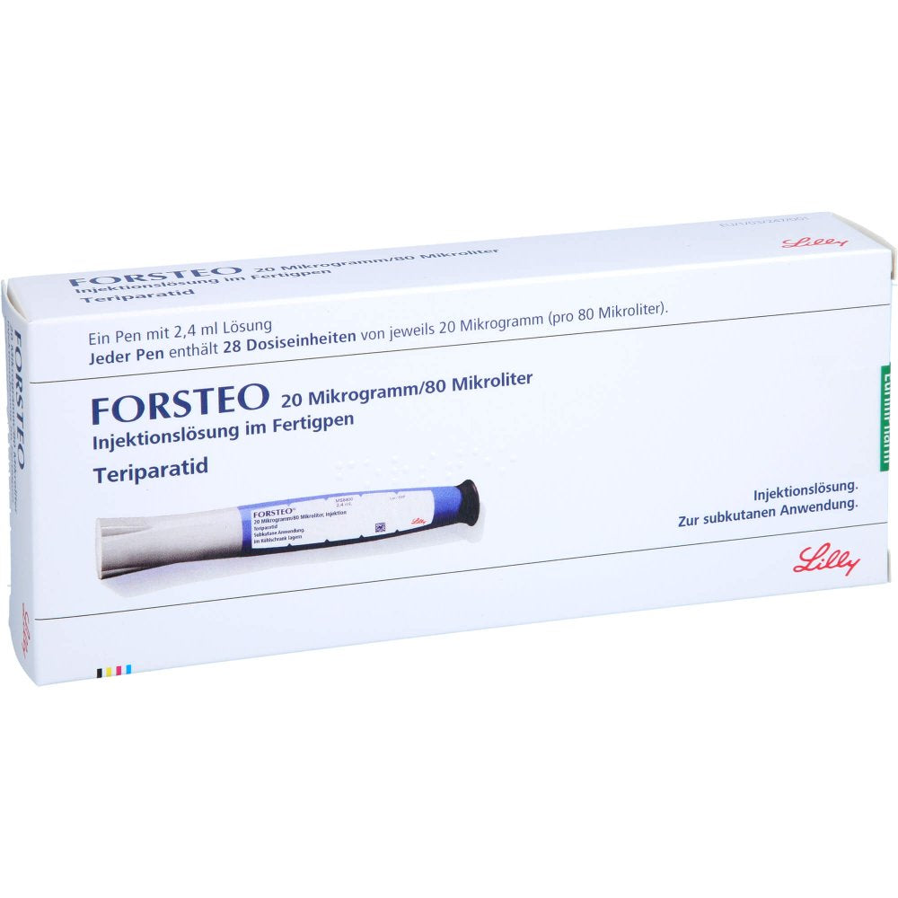 Das Produktfoto zeigt Forsteo 20 Μg/80 Μl Inj.-Lsg.Im Fertigpen (1 stk) PZN 06944676