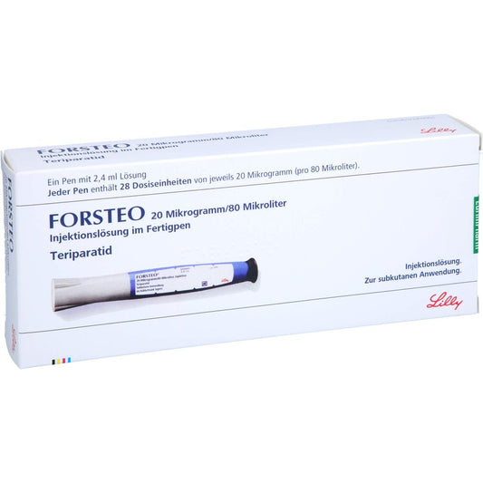 Das Produktfoto zeigt Forsteo 20 Μg/80 Μl Inj.-Lsg.Im Fertigpen (1 stk) PZN 06944676