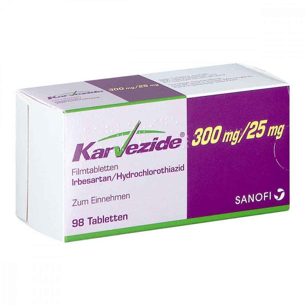 Das Produktfoto zeigt Karvezide 300 Mg/25 Mg Filmtabletten (98 stk) PZN 06953741