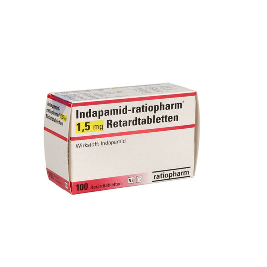 Das Produktfoto zeigt Indapamid-Ratiopharm 1,5 Mg Retardtabletten (100 stk) PZN 06958939