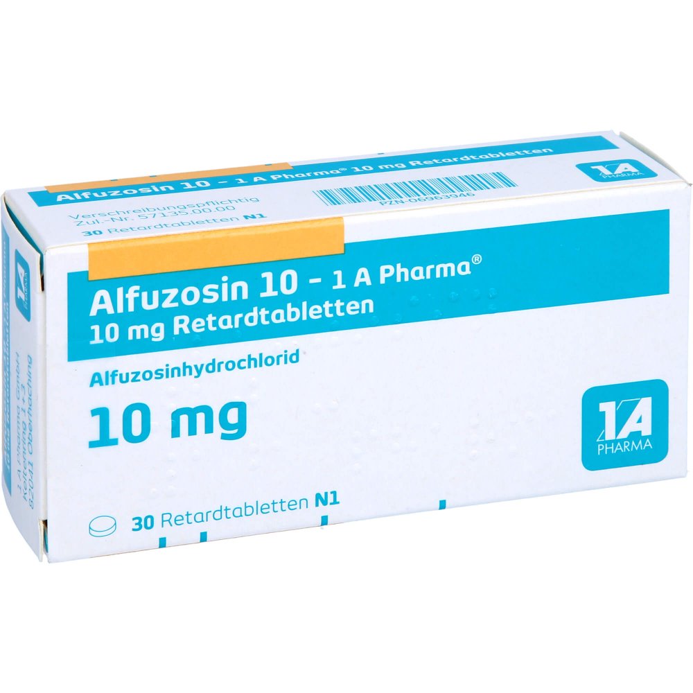 Das Produktfoto zeigt Alfuzosin 10 Mg-1a Pharma Retardtabletten (30 stk) PZN 06963946