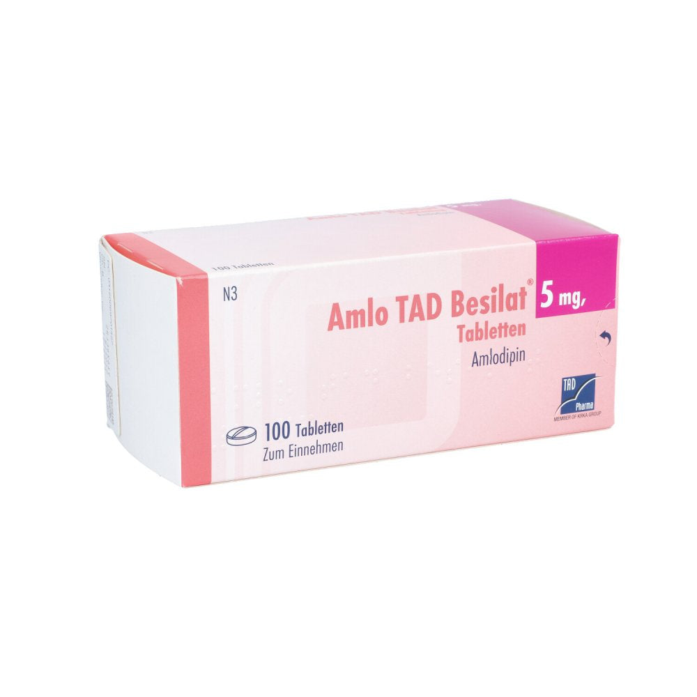 Das Produktfoto zeigt Amlo Tad Besilat 5 Mg Tabletten (100 stk) PZN 06970142
