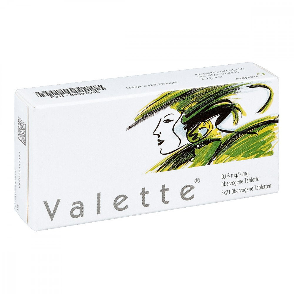 Das Produktfoto zeigt Valette 0,03 Mg/2,0 Mg Überzogene Tabletten (3X21 stk) PZN 06982955