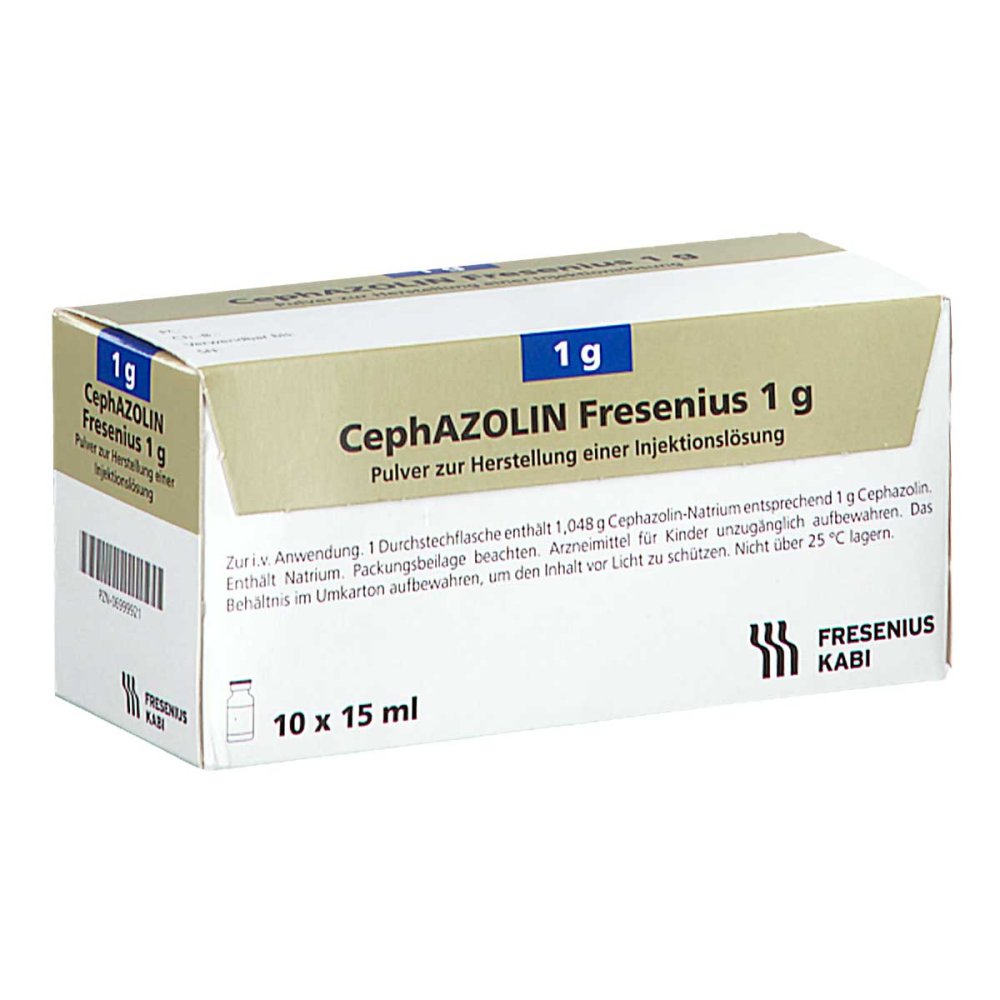 Das Produktfoto zeigt Cephazolin 1 G Fresenius Plv.Z.Herst.E.Inj.-Lsg. (10 stk) PZN 06999921