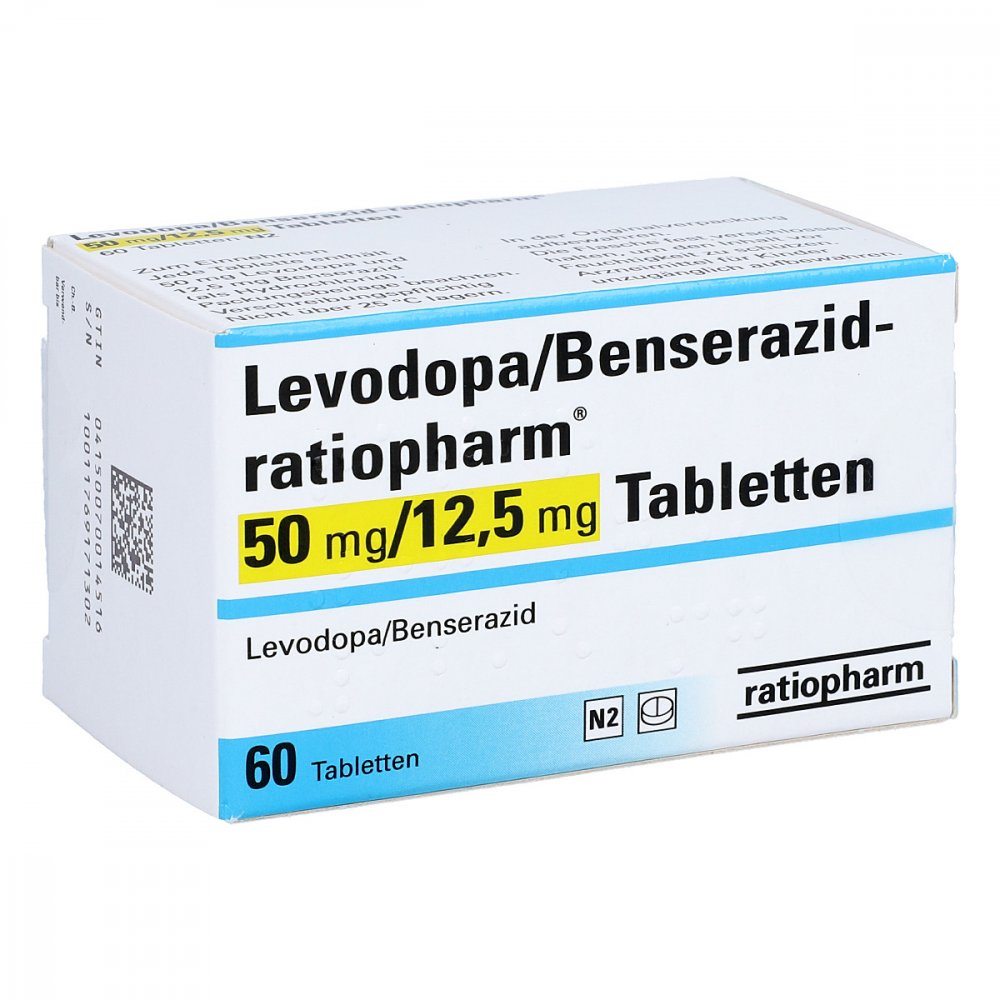 Das Produktfoto zeigt Levodopa/Benserazid-Ratiopharm 50 Mg/12,5 Mg Tabl. (60 stk) PZN 07001451