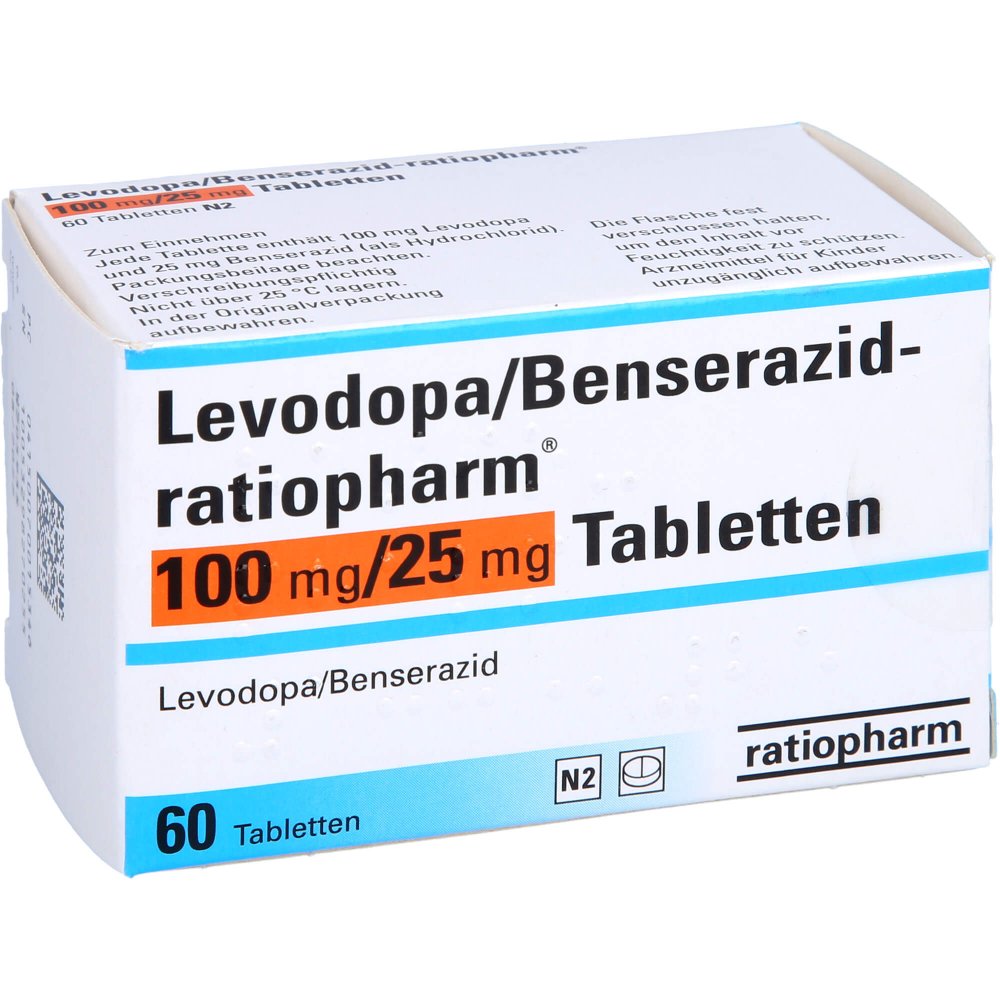 Das Produktfoto zeigt Levodopa/Benserazid-Ratiopharm 100 Mg/25 Mg Tabl. (60 stk) PZN 07001534