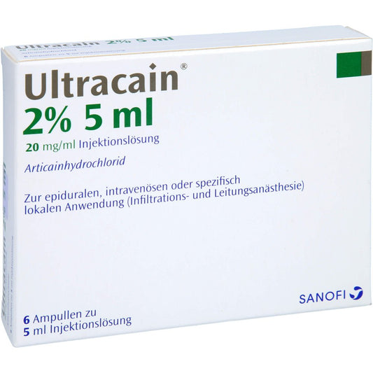 Das Produktfoto zeigt Ultracain 2% Injektionslösung In Einer Ampulle (6X5 ml) PZN 07007459