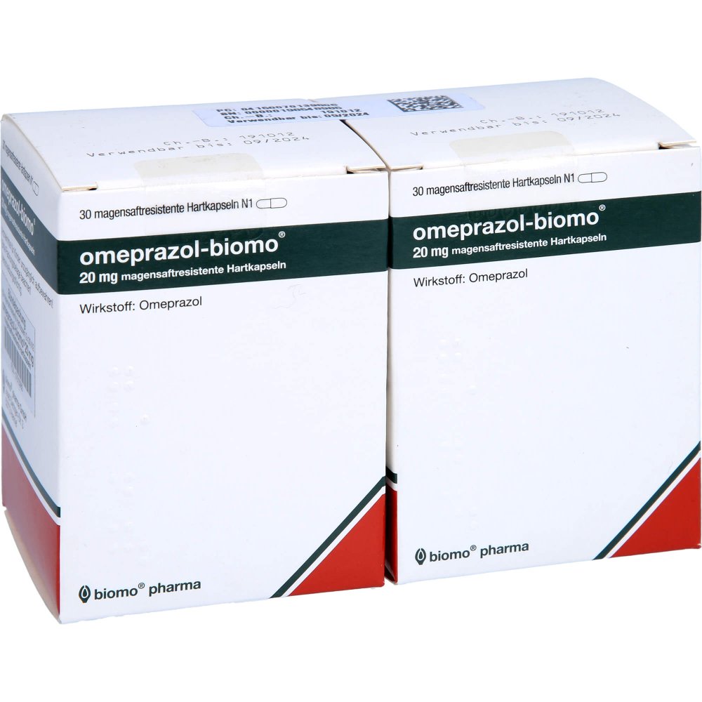 Das Produktfoto zeigt Omeprazol-Biomo 20 Mg Magensaftresistente Kapseln (60 stk) PZN 07013980