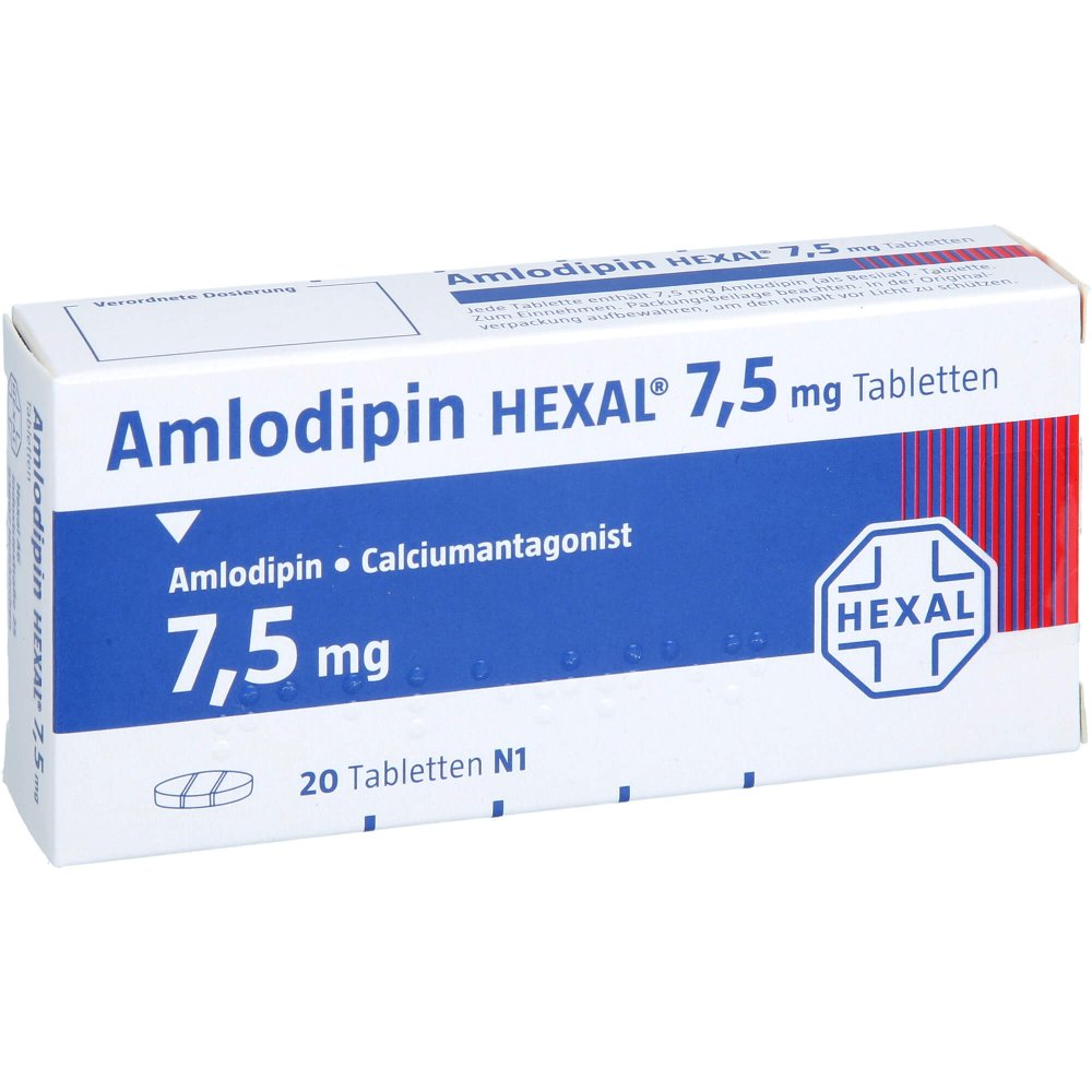Das Produktfoto zeigt Amlodipin Hexal 7,5 Mg Tabletten (20 stk) PZN 07018724