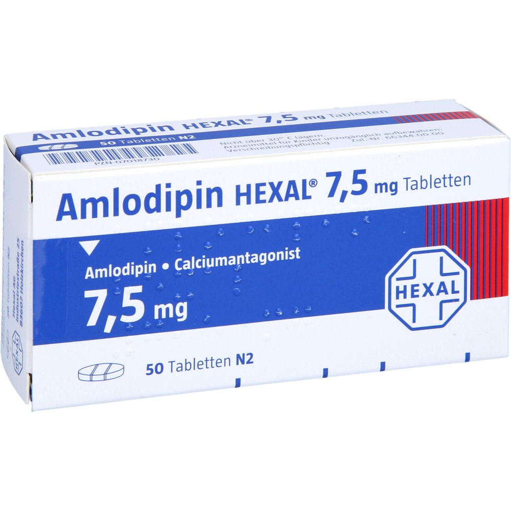 Das Produktfoto zeigt Amlodipin Hexal 7,5 Mg Tabletten (50 stk) PZN 07018730