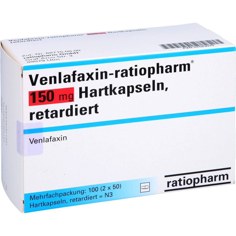 Das Produktfoto zeigt Venlafaxin-Ratiopharm 150 Mg Hartkaps.Retardiert (100 stk) PZN 07023079