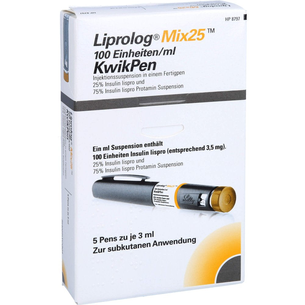 Das Produktfoto zeigt Liprolog Mix 25 100 E/Ml Kwikpen Injektionssusp. (5X3 ml) PZN 07023168