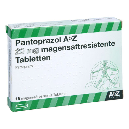 Das Produktfoto zeigt Pantoprazol Abz 20 Mg Magensaftres.Tabletten (15 stk) PZN 07036337