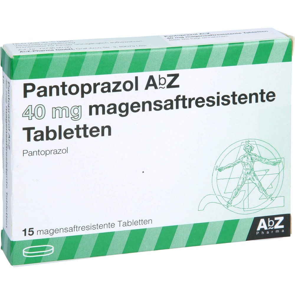 Das Produktfoto zeigt Pantoprazol Abz 40 Mg Magensaftres.Tabletten (15 stk) PZN 07038098