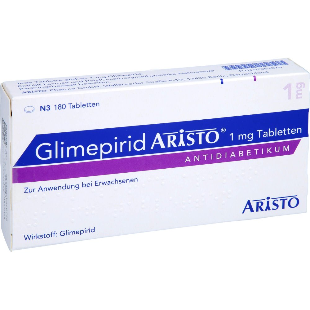 Das Produktfoto zeigt Glimepirid Aristo 1 Mg Tabletten (180 stk) PZN 07052075