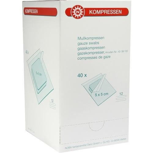 Das Produktfoto zeigt Mullkompressen 5x5 Cm Steril 12fach (40X2 stk) PZN 07098580