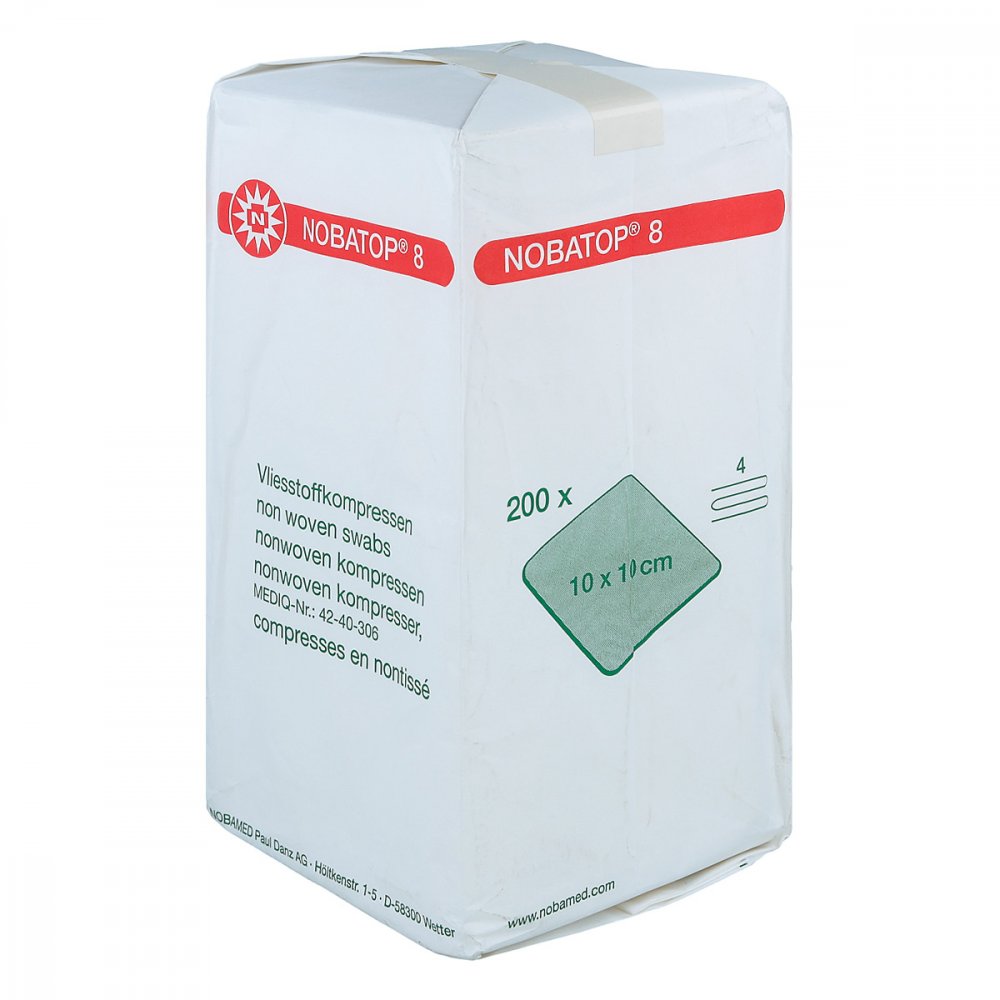 Das Produktfoto zeigt Nobatop 8 Kompressen 10x10 Cm Unsteril (200 stk) PZN 07099208
