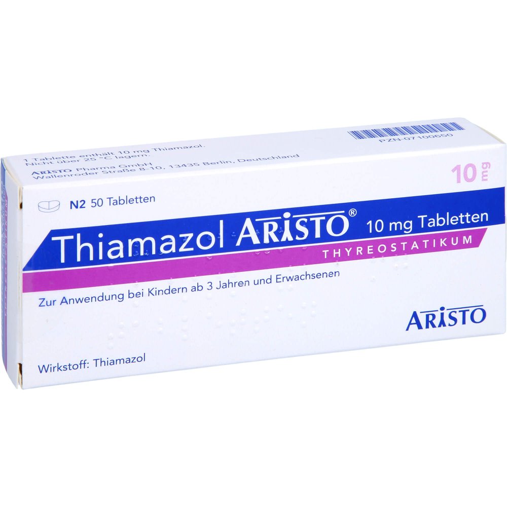 Das Produktfoto zeigt Thiamazol Aristo 10 Mg Tabletten (50 stk) PZN 07100650