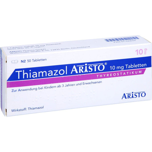 Das Produktfoto zeigt Thiamazol Aristo 10 Mg Tabletten (50 stk) PZN 07100650
