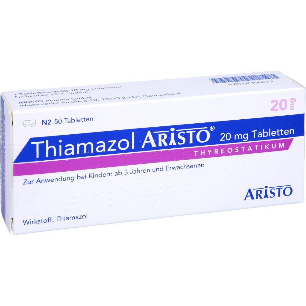 Das Produktfoto zeigt Thiamazol Aristo 20 Mg Tabletten (50 stk) PZN 07100673