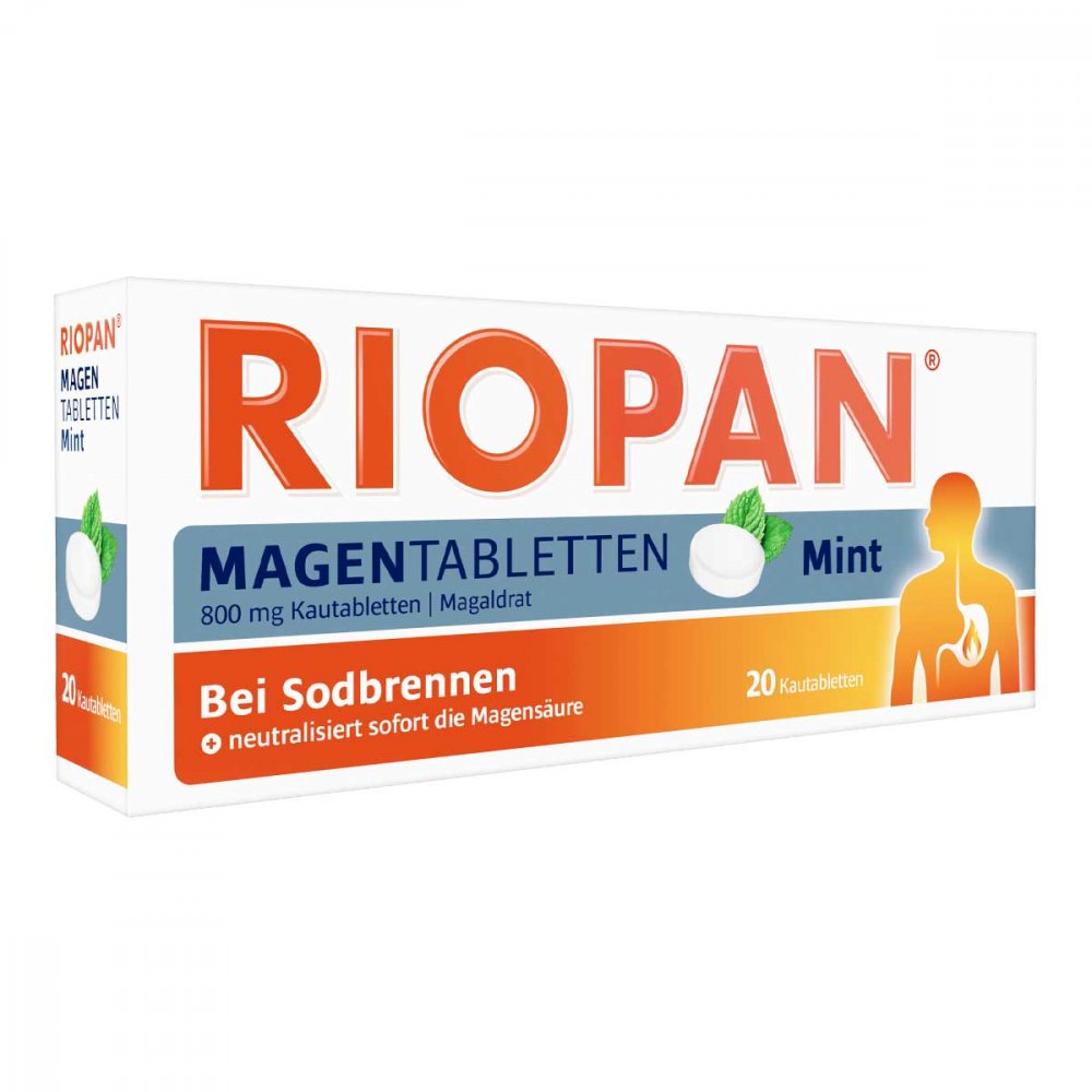 Das Produktfoto zeigt Riopan Magen Tabletten Mint 800 Mg Kautabletten (20 stk) PZN 07110186